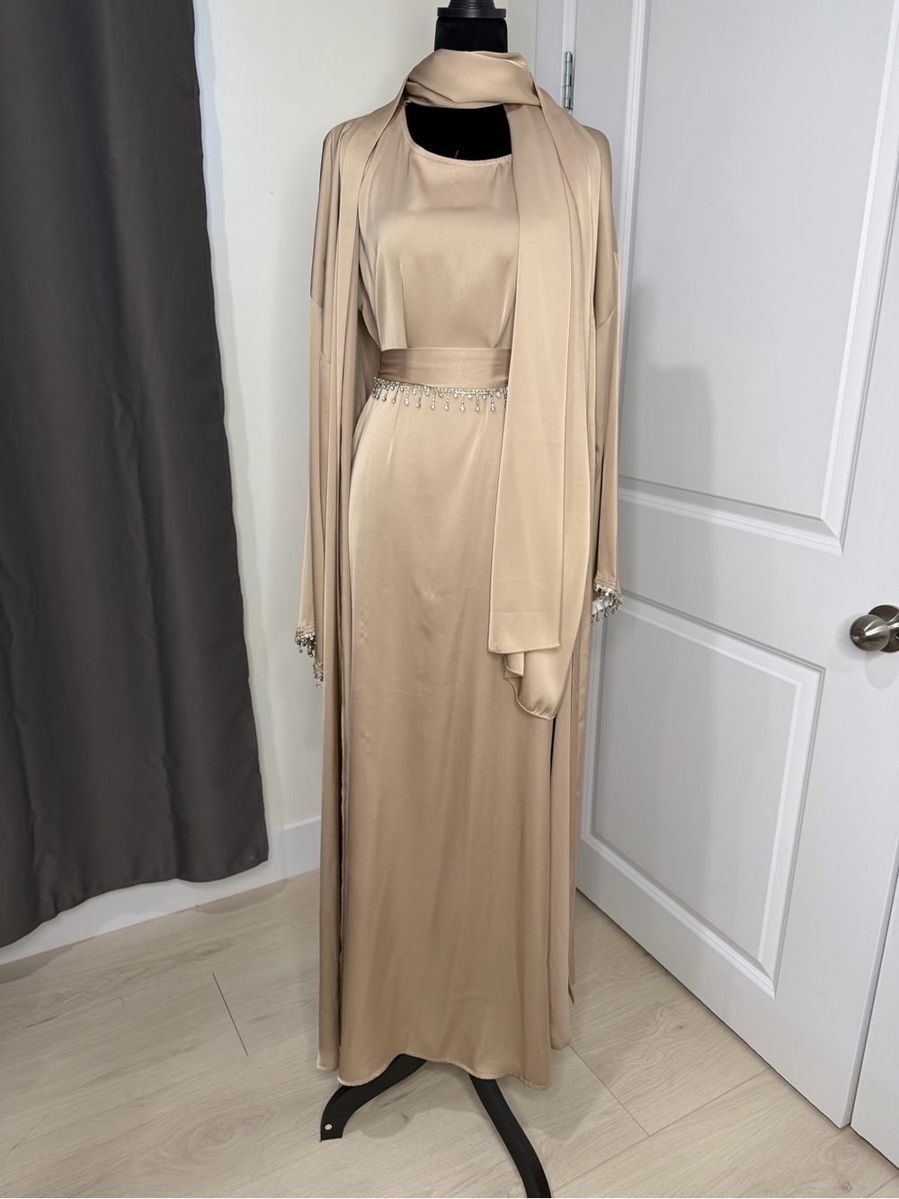 Elegant Beige Satin Evening Gown with Draped Shawl